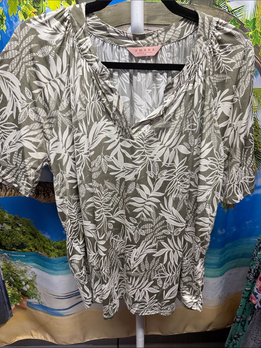 Amana Olive Green Tropical Print Women's Top
